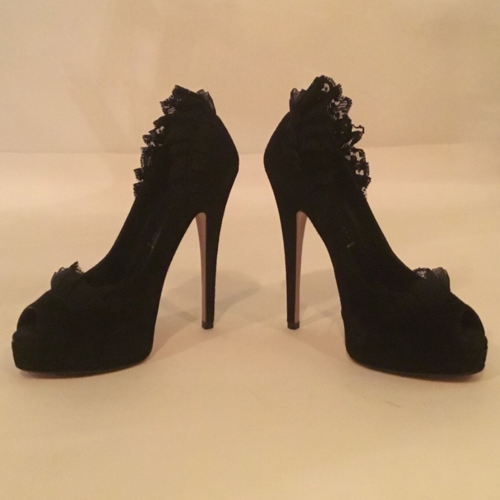 Casadei Black Lace Peep-Toe Heels